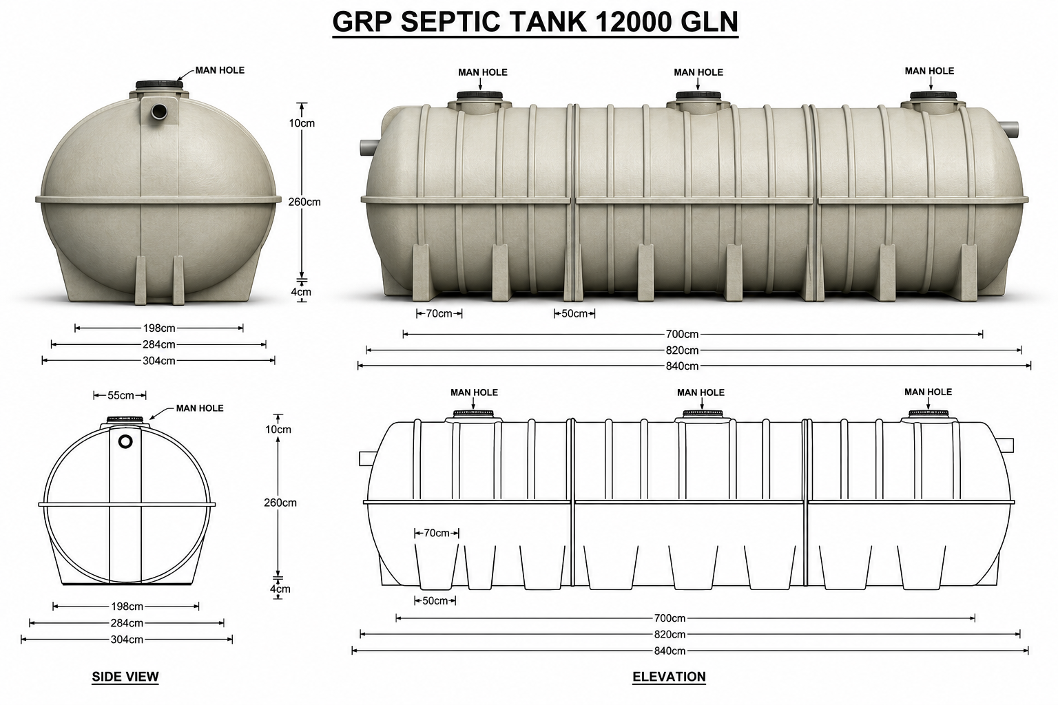 12,000 USG GRP Septic Tank UAE technical diagram