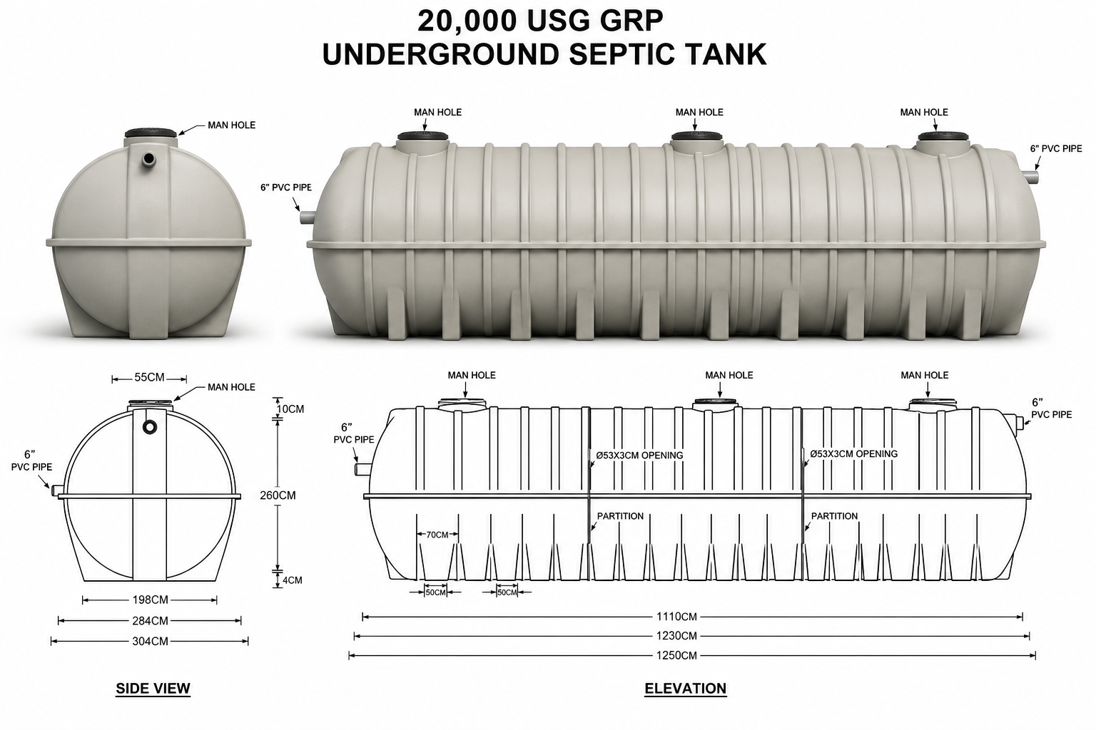 20,000 USG GRP Septic Tank UAE technical diagram