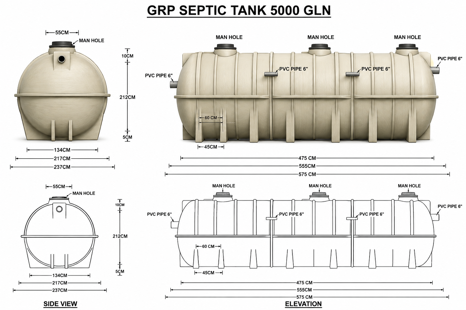 5,000 USG GRP Septic Tank UAE technical diagram