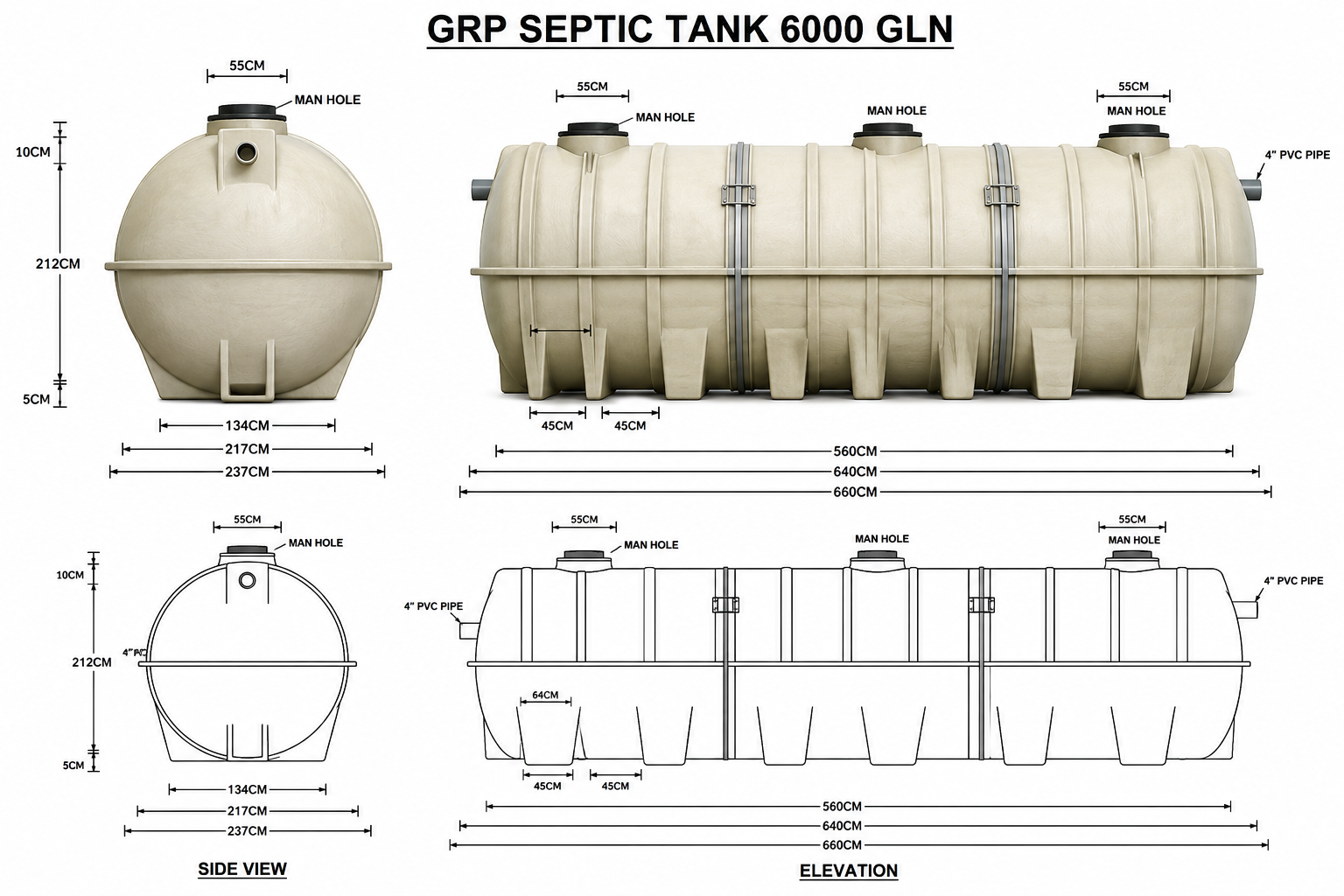 6,000 USG GRP Septic Tank UAE technical diagram